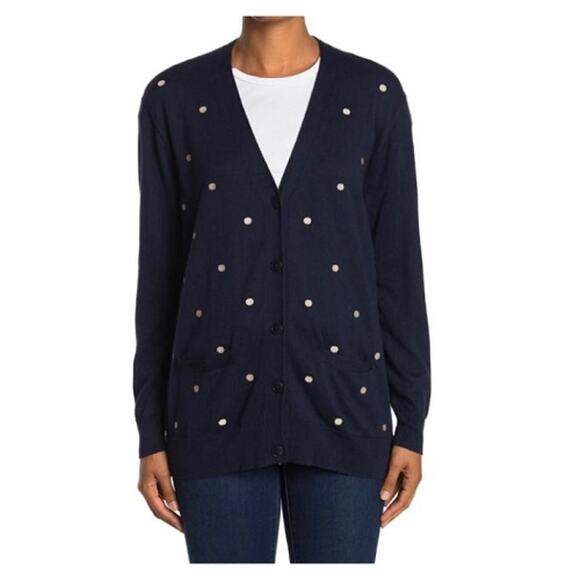 J.Crew Polka Dot Front Button V-Neck Pocket Cardigan Sz Small Navy and White NWT - Picture 3 of 7